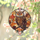 Owl Stained Glass Suncatcher Autumn Leaf Window Panel Fall Decor for Nature Lovers Rustic Woodland Owl Glass Art